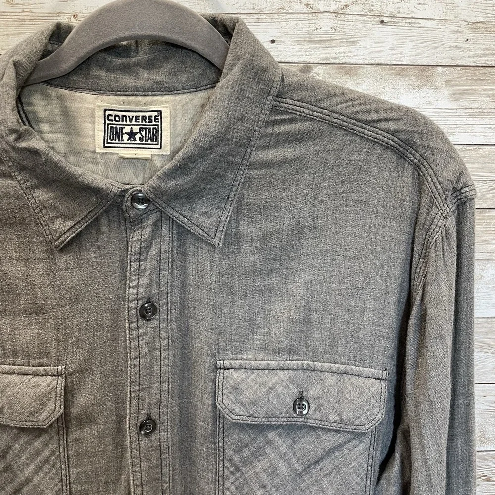 Converse Mens L Shirt‎ One Star Gray Button Up Pockets Long Sleeve 100% Cotton